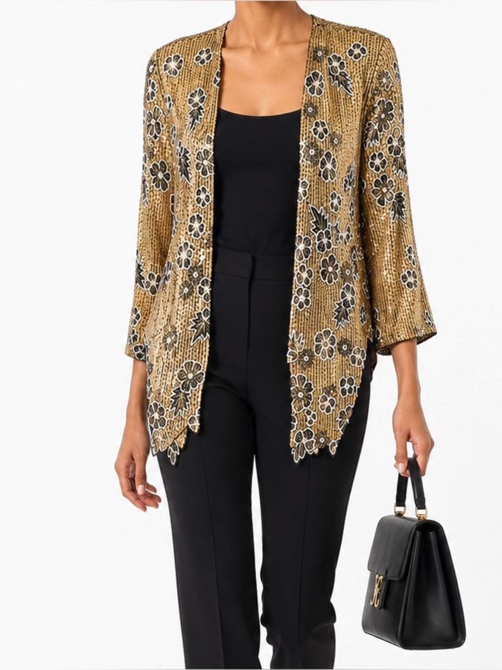 Couture Silk Sequin & Glass Bead Glam 80's Party Black/Gold Tan-Chho Jacket [M]